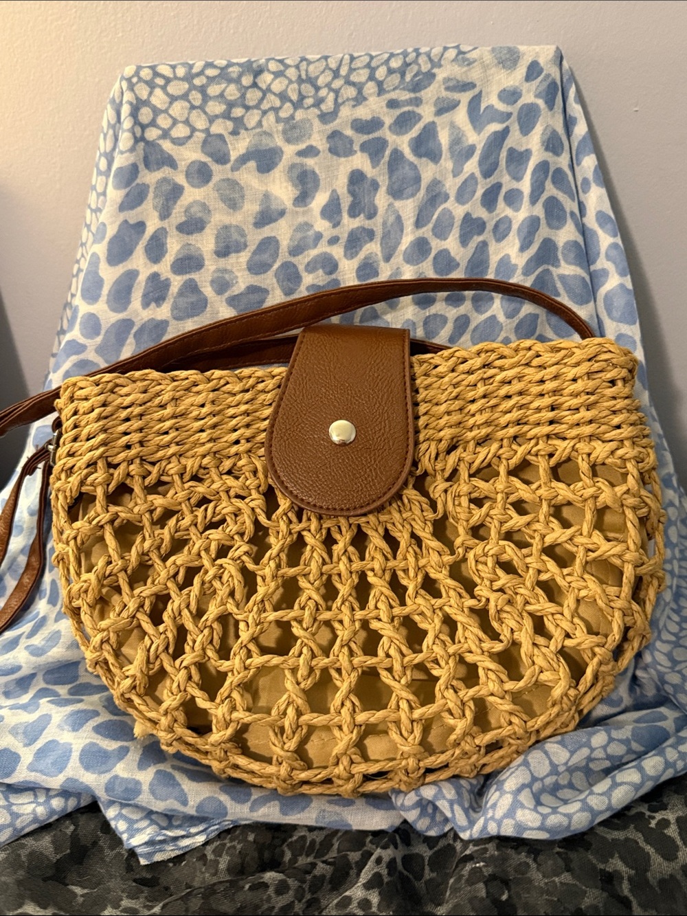 Woven Mustard Crossbody Bag with Brown Trim